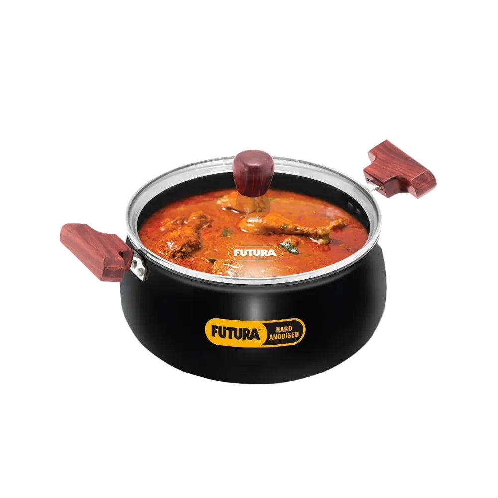 Hawkins Futura 4 Litre Cook n Serve Handi, Hard Anodised Biryani Handi with Glass Lid, Saucepan, Sauce Pan, Black (ACH40G)