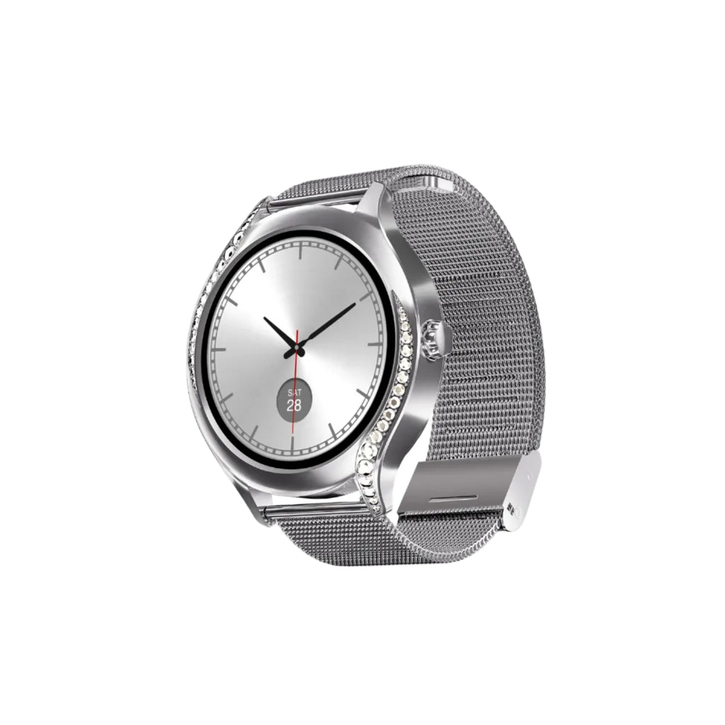 boAt Enigma Gem Women's Luxury Smart Watch w/ 1.19” (3.02cm) AMOLED Display, Emergency SOS Live Location Sharing, Female Wellness, Watch Face Studio, BT Calling, Watch for Woman (Metallic Silver)