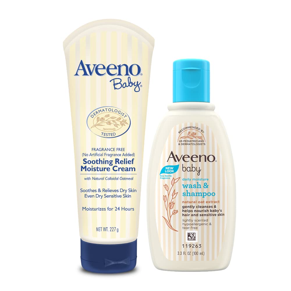 Combo pack Aveeno Baby Soothing Relief Moisture Cream (227g) + Wash and Shampoo (100ml) | With natural oat extract | Hypoallergenic, pediatrician recommended | Cleanses, nourishes, soothes & protects baby's sensitive skin