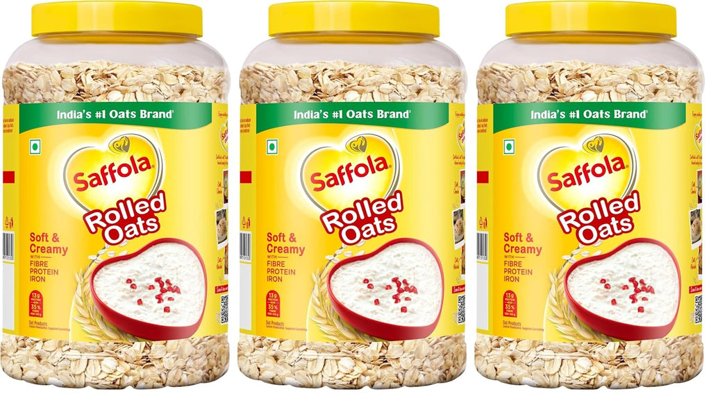 Saffola Rolled Oats | 1kg Jar | Soft & Creamy | Power of Protein, Iron & Fibre, Nutritious grain | No added sugar & Preservatives | Helps manage weight | Aids Digestion (Pack of 3)