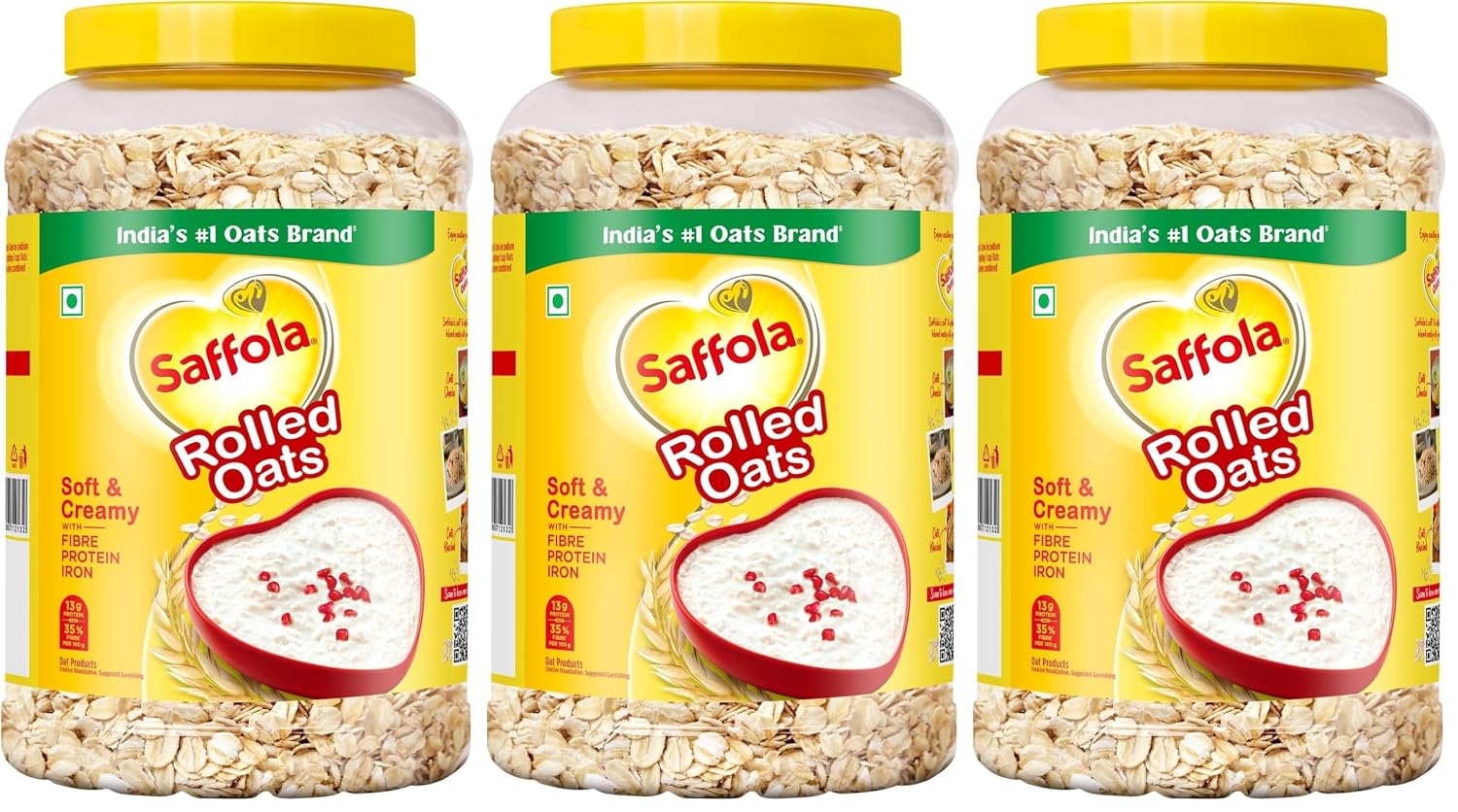 Saffola Rolled Oats | 1kg Jar | Soft & Creamy | Power of Protein, Iron & Fibre, Nutritious grain | No added sugar & Preservatives | Helps manage weight | Aids Digestion (Pack of 3)