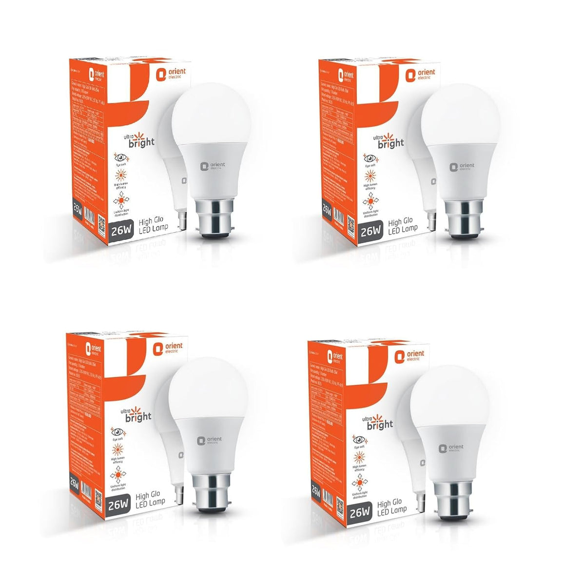 Orient Electric Eternal Shine LED Bulb 26W, B22d Cap, 6500K (Pack of 4)
