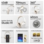 realme TechLife Studio H1 Over The Ear Over Ear Wireless Headphone with 70Hours Playtime 360° Spatial Audio, 40mm Drivers, 80ms Superlow Latency, 43 dB Adaptive ANC-White