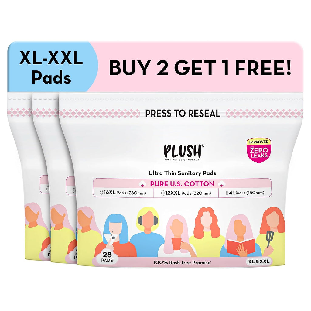 Plush Ultra-Thin Sanitary Napkins for Women 28 Pcs (Pack of 3)| B2G1 Supersaver Combo of 84 Pads | 48 XL, 36 XXL Rash-Free Pads & 12 Pantyliner