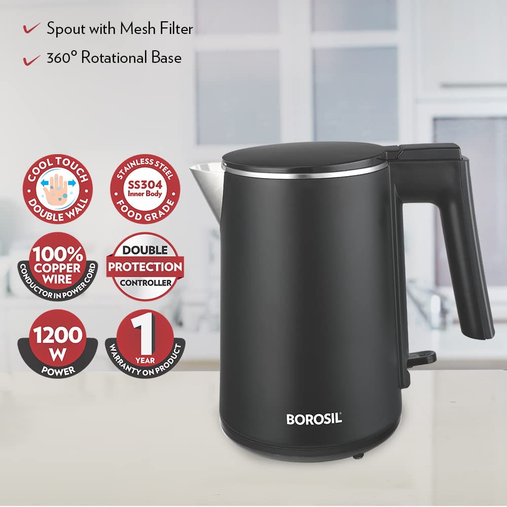 Borosil 1 L 1200W Stainless Steel Cooltouch Electric Kettle | Boil Water for Tea/Coffee/Soup/Noodles | Water Heater Jug | Auto Cut-off, Dry Boil Protection | Multipurpose Kettle | 1 Year Warranty