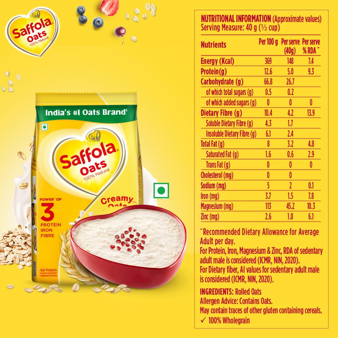 Saffola Oats, 2kg, 13g High Protein, 10g High Fibre | Instant Rolled Oats | Soft and Creamy | Helps manage weight