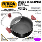 Hawkins Futura 5 Litre Cook n Serve Handi, Hard Anodised Biryani Handi with Glass Lid, Saucepan, Sauce Pan, Black (ACH50G)