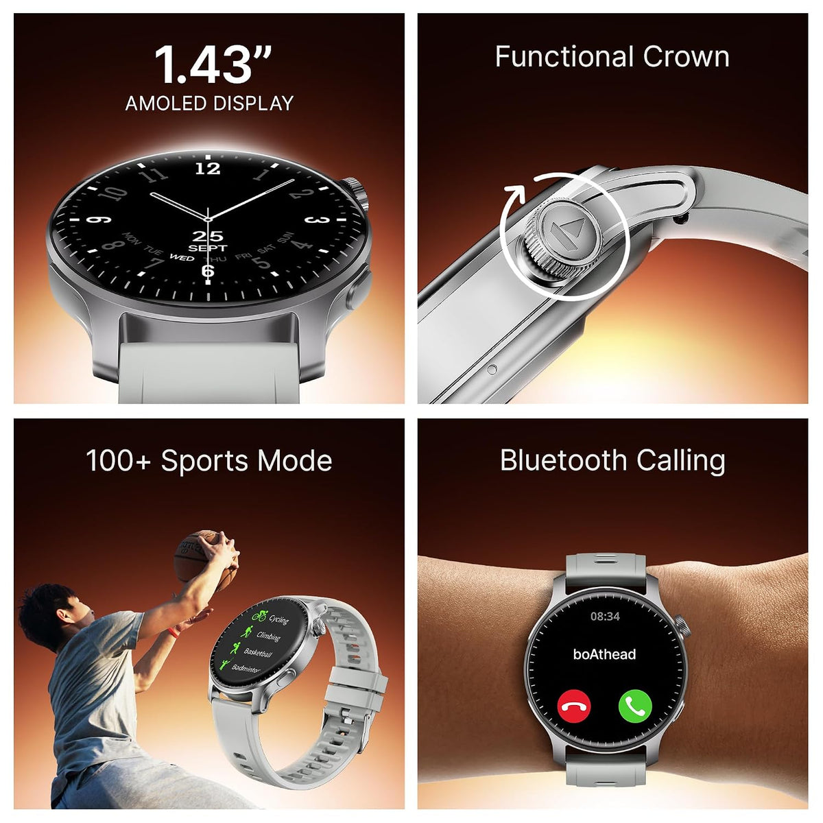 boAt Ultima Prime smartwatch with 1.43” AMOLED Display, AOD, Personalized Fitness Nudges, Functional Crown,100+ Sports Modes, Create Your Own Watchface, smartwatch for man and Woman (Silver Mist)