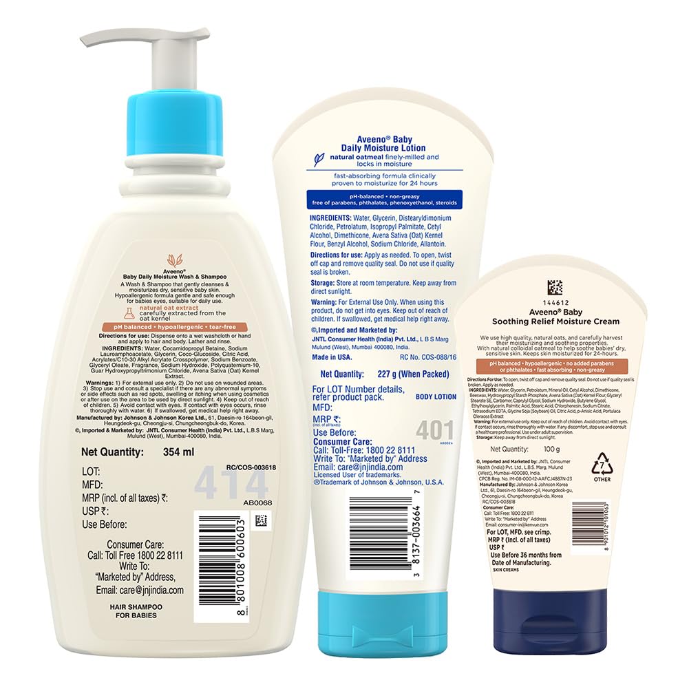 Combo Pack: Aveeno Baby Daily Moisturizing Wash & Shampoo (354ml) + Daily Moisture Lotion (227g) + Soothing Relief Moisture Cream 100g