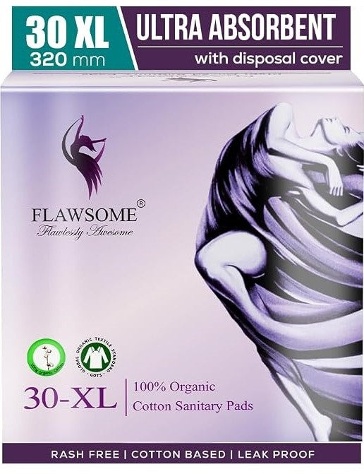 FLAWSOME Ultra-Soft Sanitary Pads for Women & Girls | 30 XL Pads (Heavy Flow) | 100% Rash-Free | Pure Organic Cotton Sanitary Napkins with Free Disposable Pouches | No Fragrance | No Toxic-Chemicals