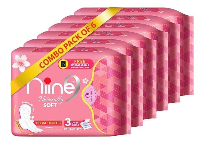 NIINE Naturally Soft Ultra Thin XL+ Sanitary Napkins for Heavy Flow (Pack of 6) 90 Pads with Free Biodegradable Disposal Bags
