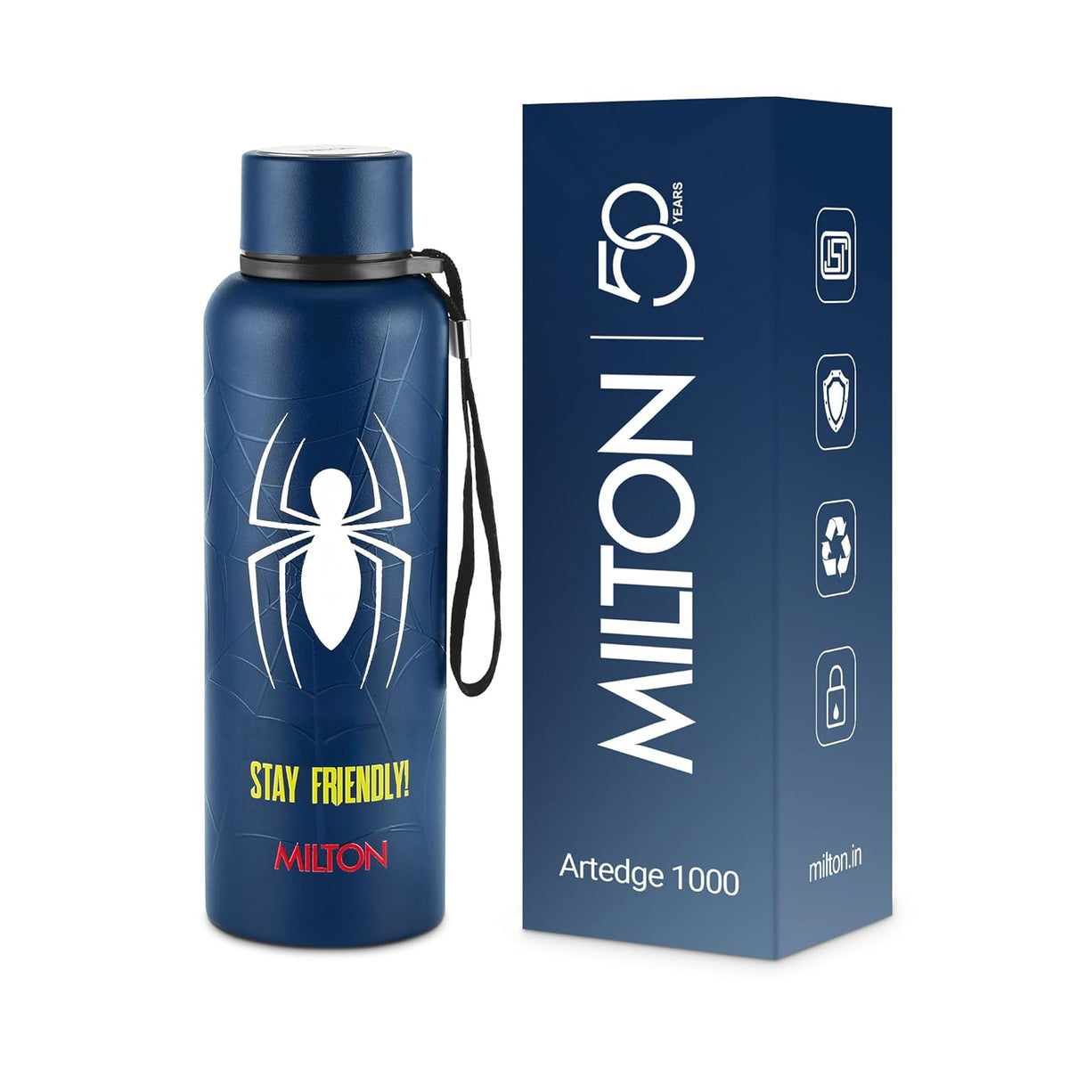Milton Artedge 1000 Thermosteel ISI Certified Water Bottle, 1000 ml Stainless Steel, 24 Hr Hot and Cold I Leak Proof, Vacuum Insulation, for Office, School, Gym, Dark Blue Spider MAN