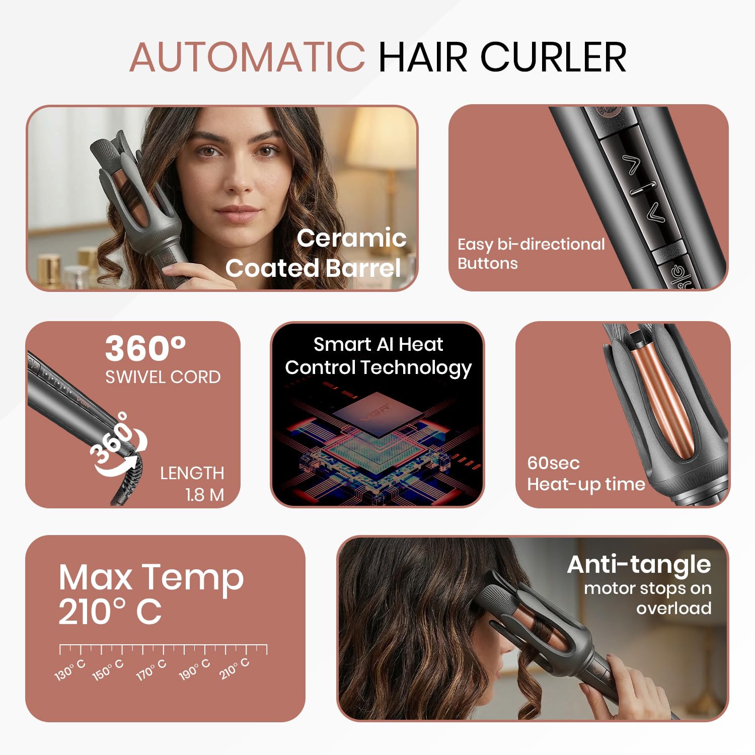 VGR Automatic Hair Curler for Women | Smart 2-Way Rotating Curling Iron | 32mm Ceramic Barrel