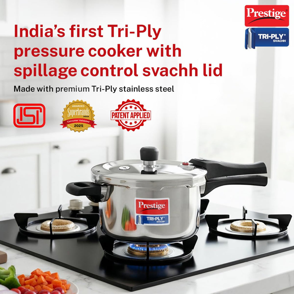 Prestige 5 Litre Triply Svachh Outerlid Pressure Cooker|Deep lid for spillage control|Gas & Induction Compatible|Triply body for even heating|Gasket Release System|5 Years warranty|ISI certified