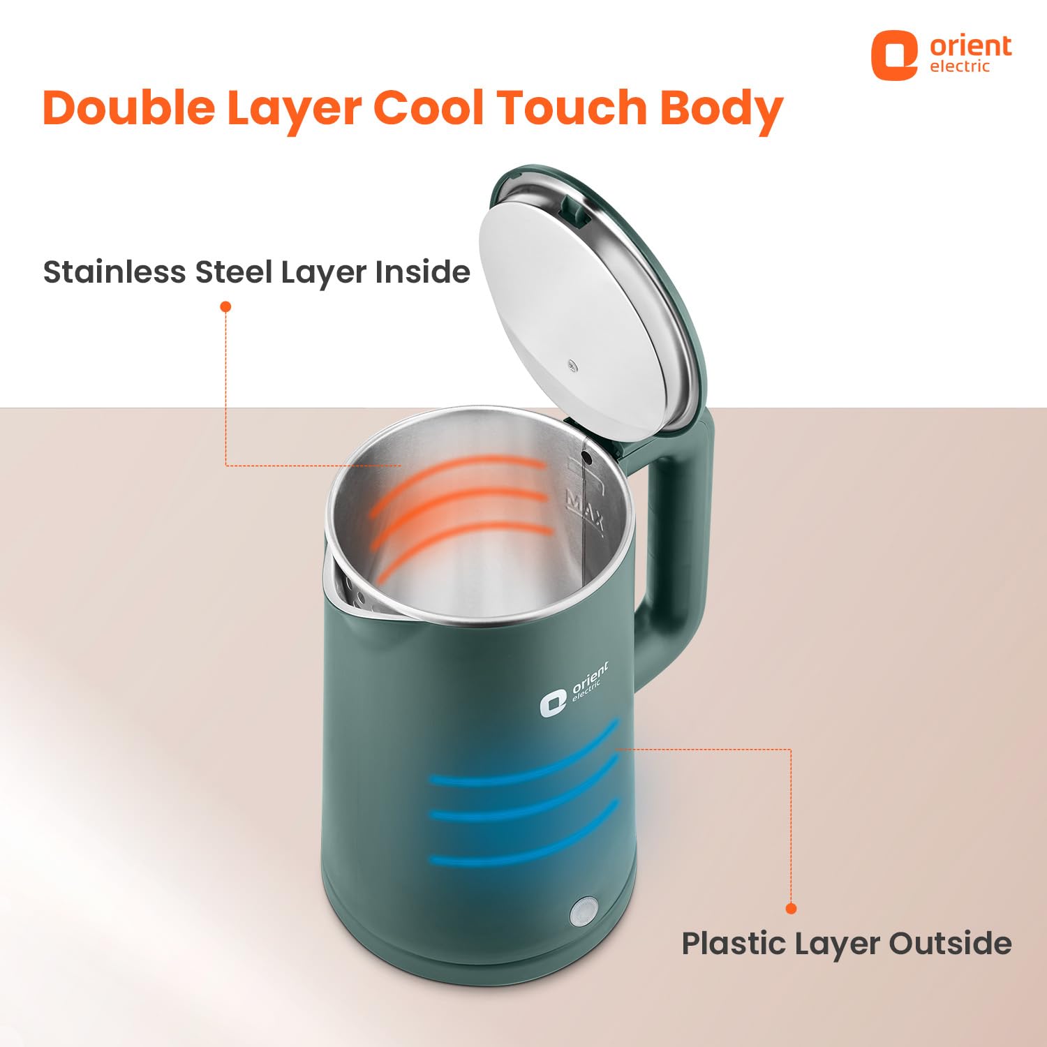 Orient Electric Powerhot 1.5 L Electric Kettle | Cool Touch Body | Faster Heating | Auto Cut Off Mechanism | 360° Rotating Base | Green