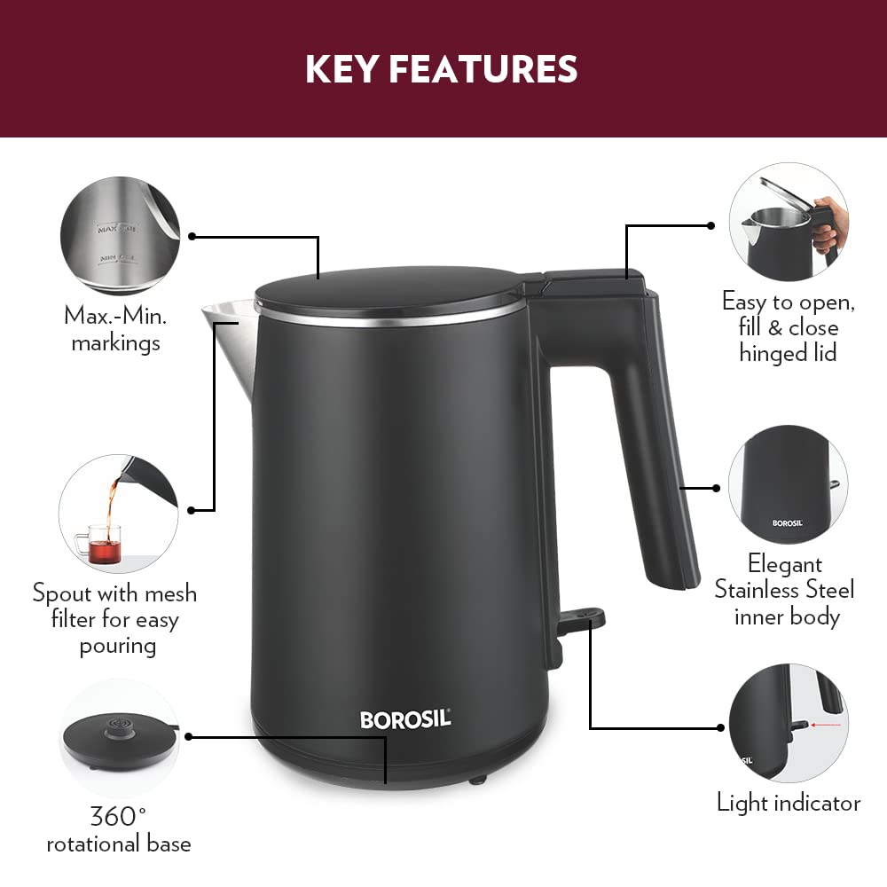 Borosil 1 L 1200W Stainless Steel Cooltouch Electric Kettle | Boil Water for Tea/Coffee/Soup/Noodles | Water Heater Jug | Auto Cut-off, Dry Boil Protection | Multipurpose Kettle | 1 Year Warranty