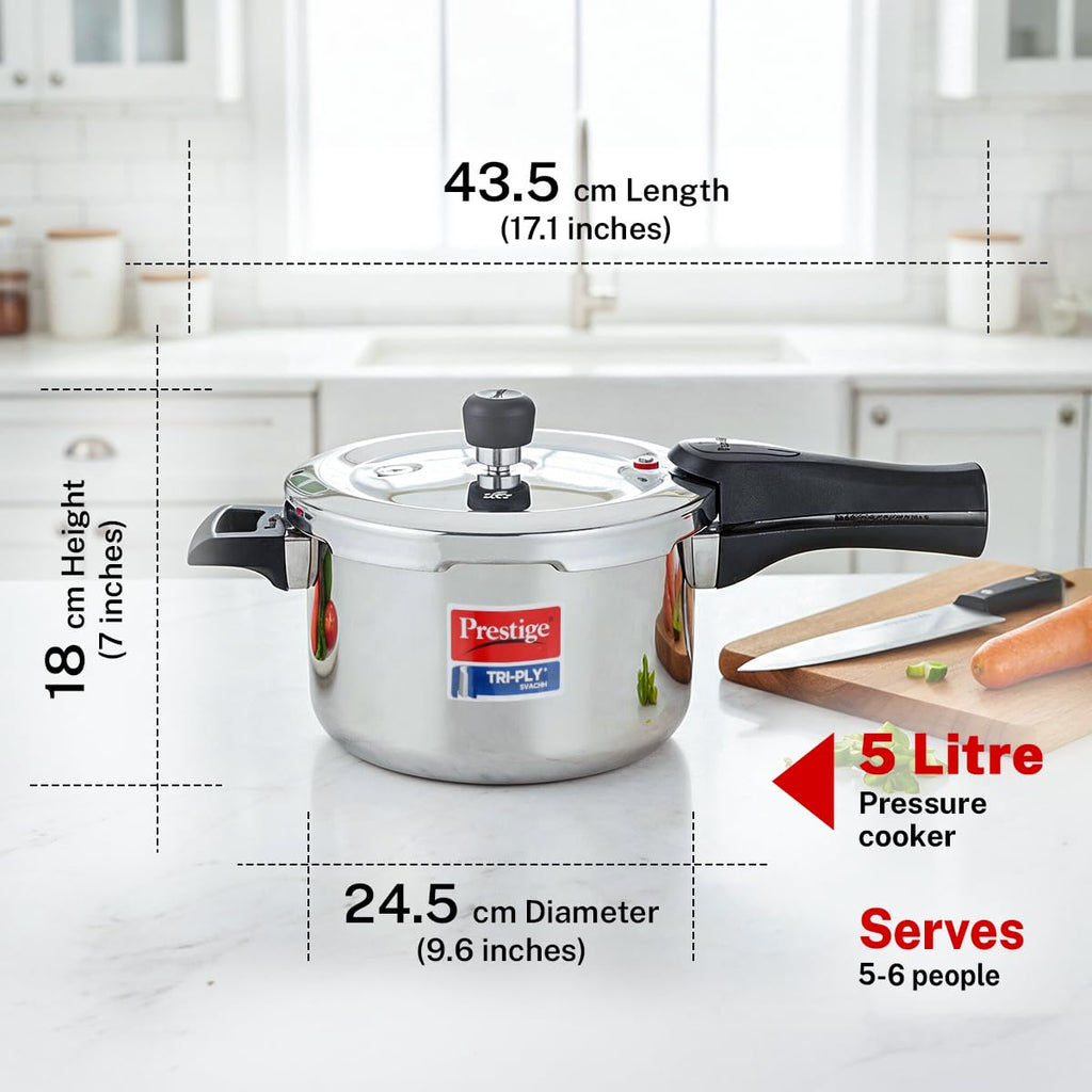 Prestige 5 Litre Triply Svachh Outerlid Pressure Cooker|Deep lid for spillage control|Gas & Induction Compatible|Triply body for even heating|Gasket Release System|5 Years warranty|ISI certified