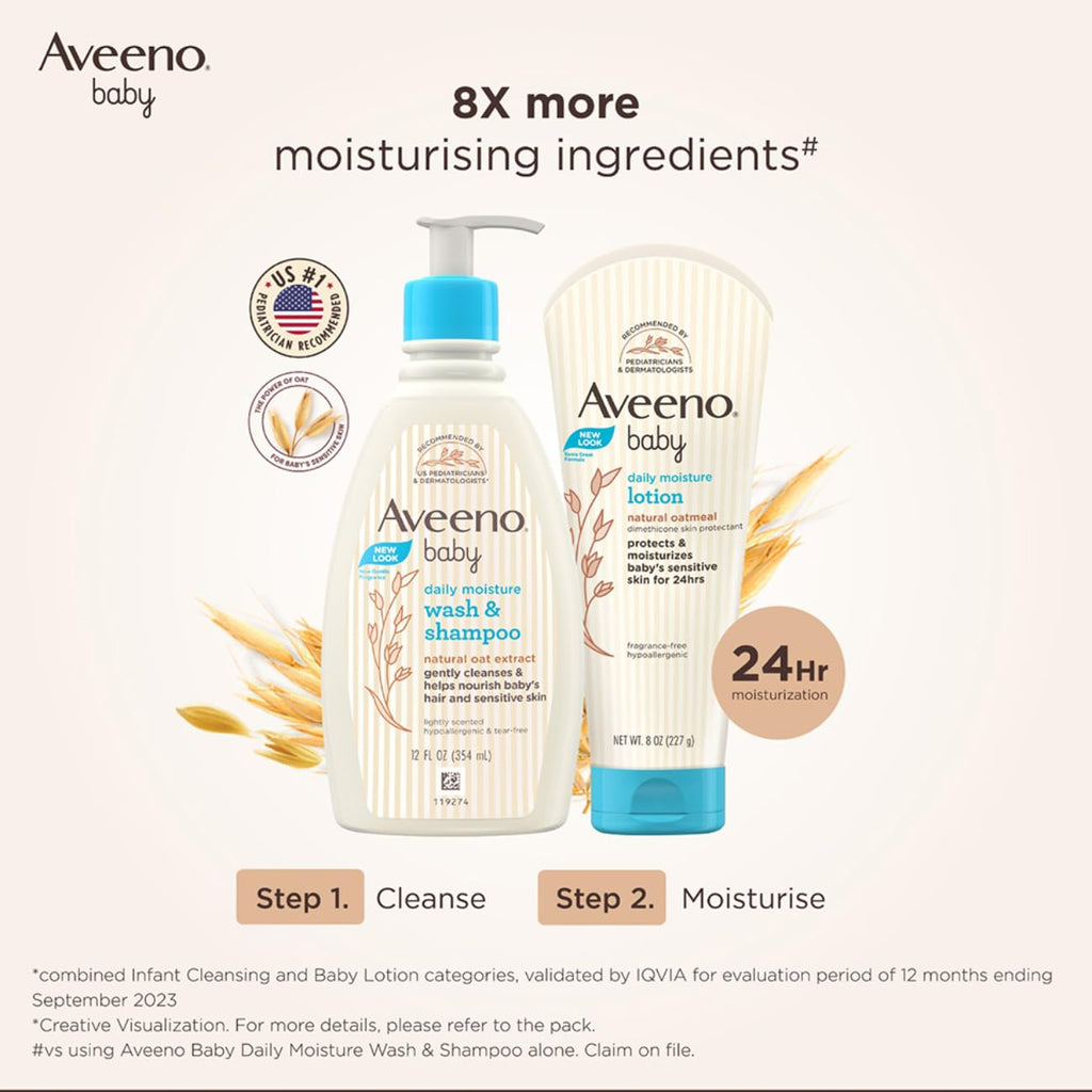 Aveeno Baby Daily Moisture Wash and Shampoo (354ml) | Cleanses hair & body | Oat kernel extract & glycerin | Tear-free, soap-free, paraben-free, hypoallergenic | US #1 Pediatrician recommended