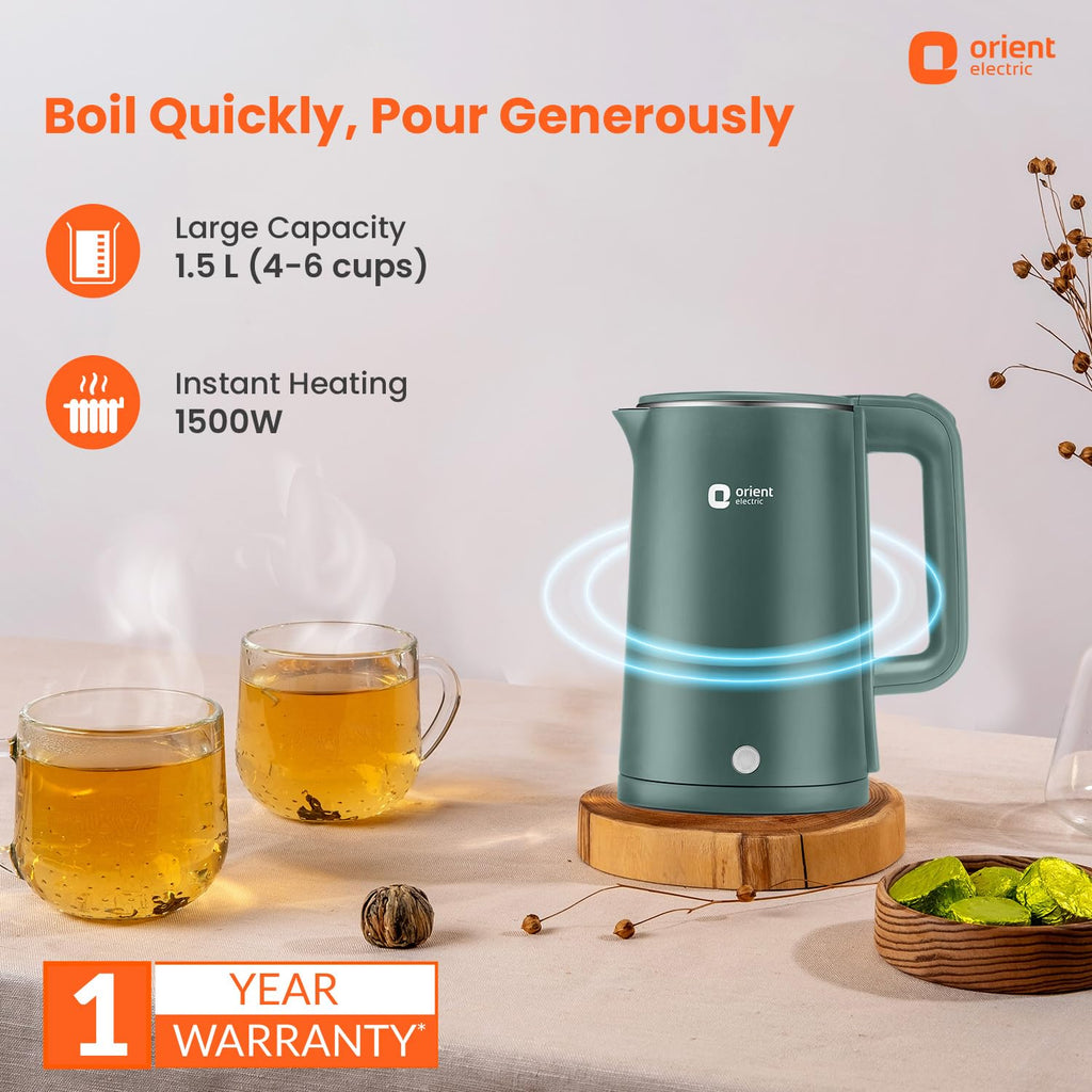 Orient Electric Powerhot 1.5 L Electric Kettle | Cool Touch Body | Faster Heating | Auto Cut Off Mechanism | 360° Rotating Base | Green