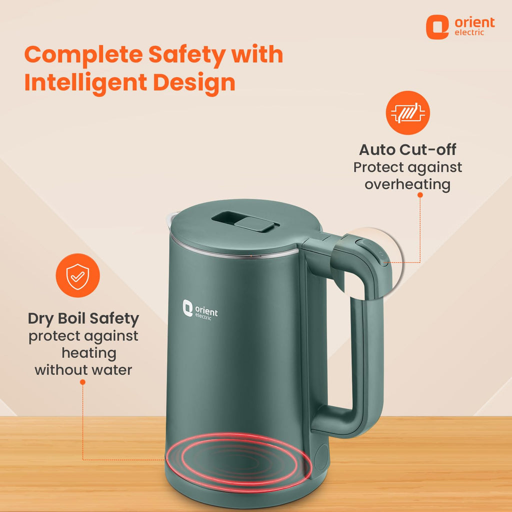 Orient Electric Powerhot 1.5 L Electric Kettle | Cool Touch Body | Faster Heating | Auto Cut Off Mechanism | 360° Rotating Base | Green