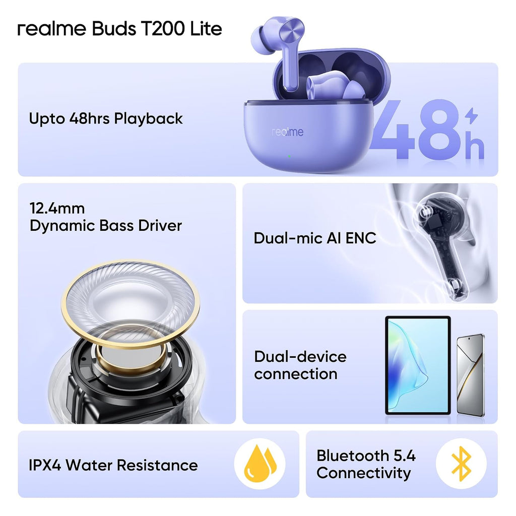 realme Buds T200 Lite Bluetooth in Ear Earbuds,4 Mic, AI ENC for Calls,48 Hours Total Playback with Fast Charging and Ultra Low Latency Gaming TWS,Google Fast Pair,with mic (Aurora Purple)