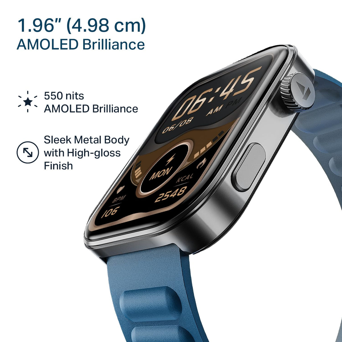 boAt Chrome Endeavour, Premium Metal Body, 1.96”(4.97cm) AMOLED Display,AI Coach Health Insights,Advanced S1 Processor,HRV,VO2 Max,Auto Watchface Refresh, Smart Watch for Men & Women (Magnetic Blue)