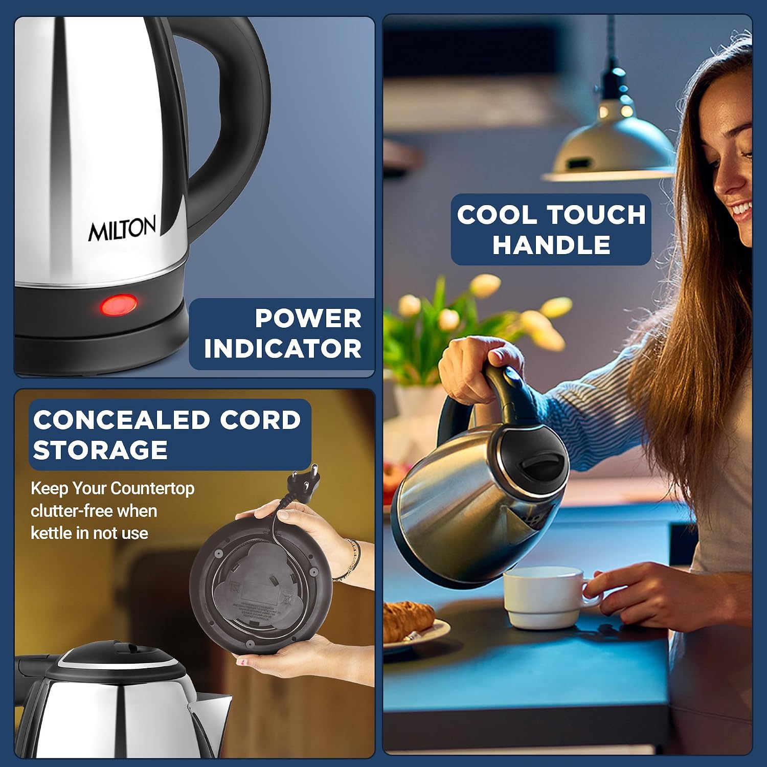 Milton Appliances Go Electric Kettle 1.8 Litre I 3X Protection - Dry Boil, Auto Shut Off, Overheat I 1350 Watt I Super Fast Boiling I Stainless Steel I 360° Power Base I 1 Year Warranty