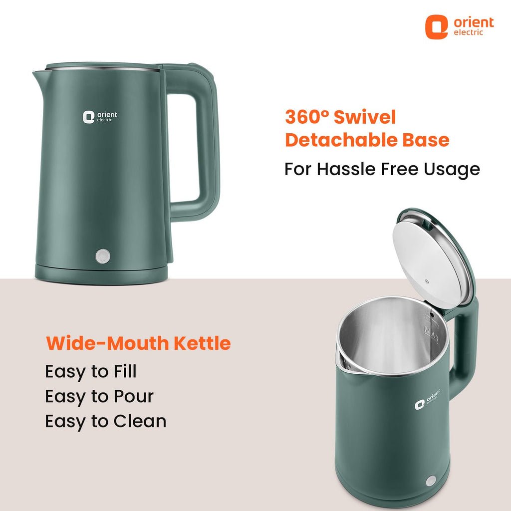 Orient Electric Powerhot 1.5 L Electric Kettle | Cool Touch Body | Faster Heating | Auto Cut Off Mechanism | 360° Rotating Base | Green