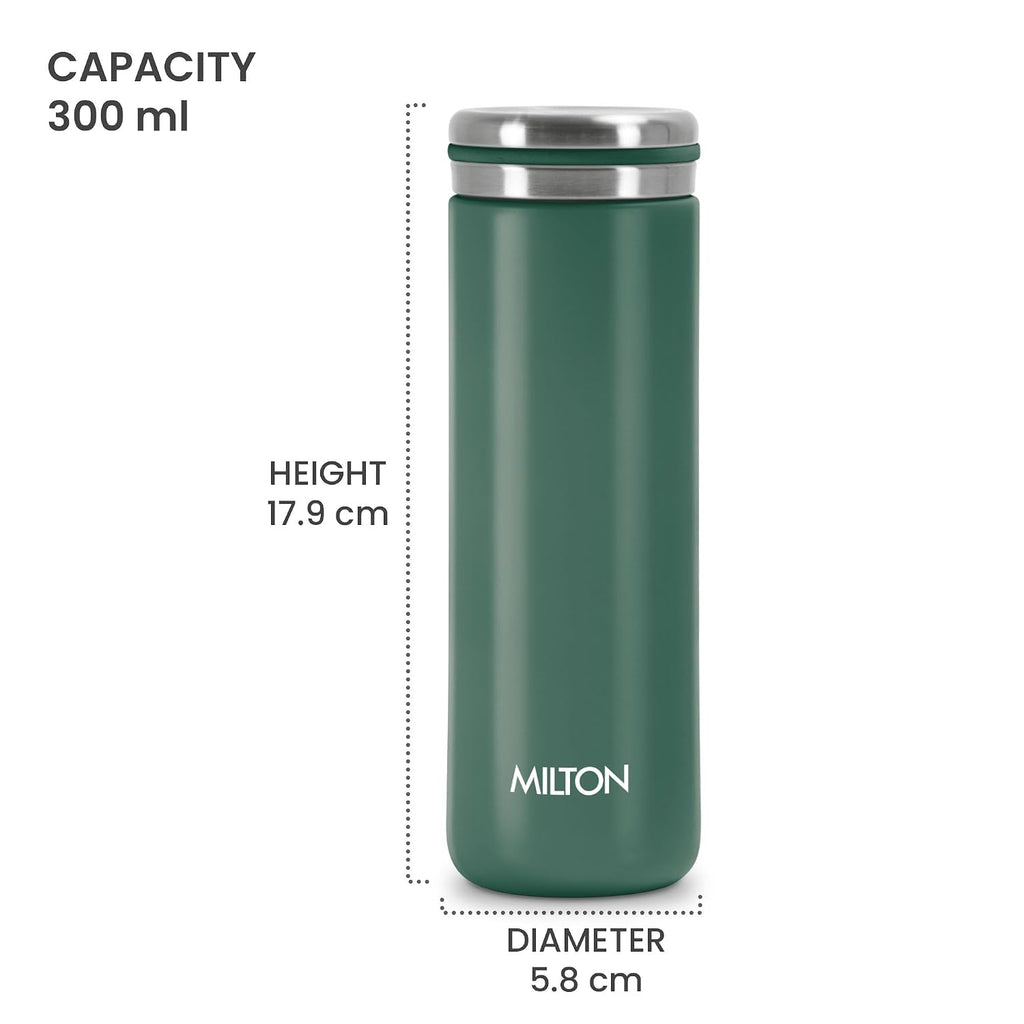 Milton Shiny 300 Thermosteel Water Bottle 280 ml, Long Hours Hot and Cold I Leak Proof Lid, ISI Certified I Vacuum Insulated I for Office, Gym, School I Green