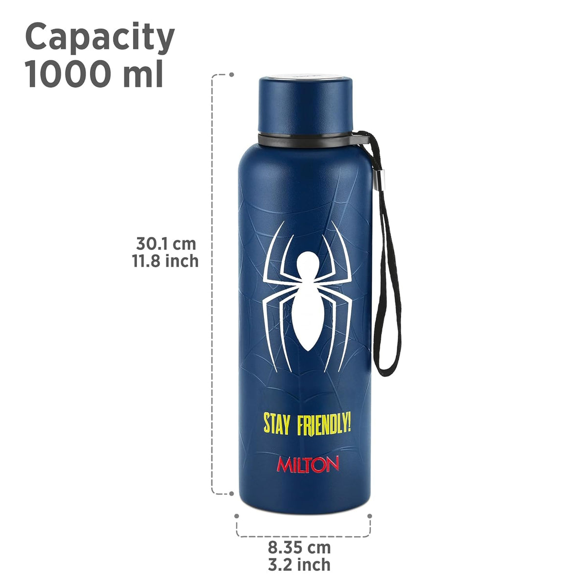 Milton Artedge 1000 Thermosteel ISI Certified Water Bottle, 1000 ml Stainless Steel, 24 Hr Hot and Cold I Leak Proof, Vacuum Insulation, for Office, School, Gym, Dark Blue Spider MAN