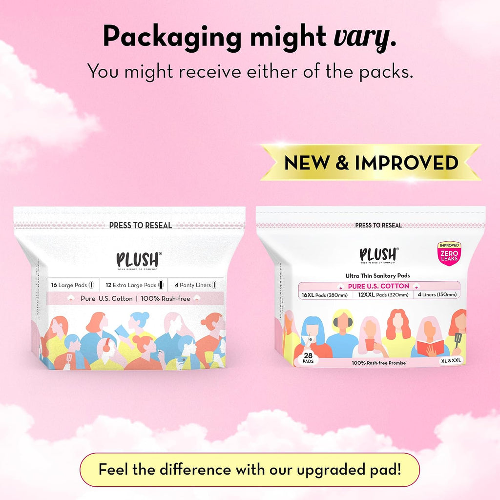 Plush Ultra-Thin Sanitary Napkins for Women 28 Pcs (Pack of 3)| B2G1 Supersaver Combo of 84 Pads | 48 XL, 36 XXL Rash-Free Pads & 12 Pantyliner
