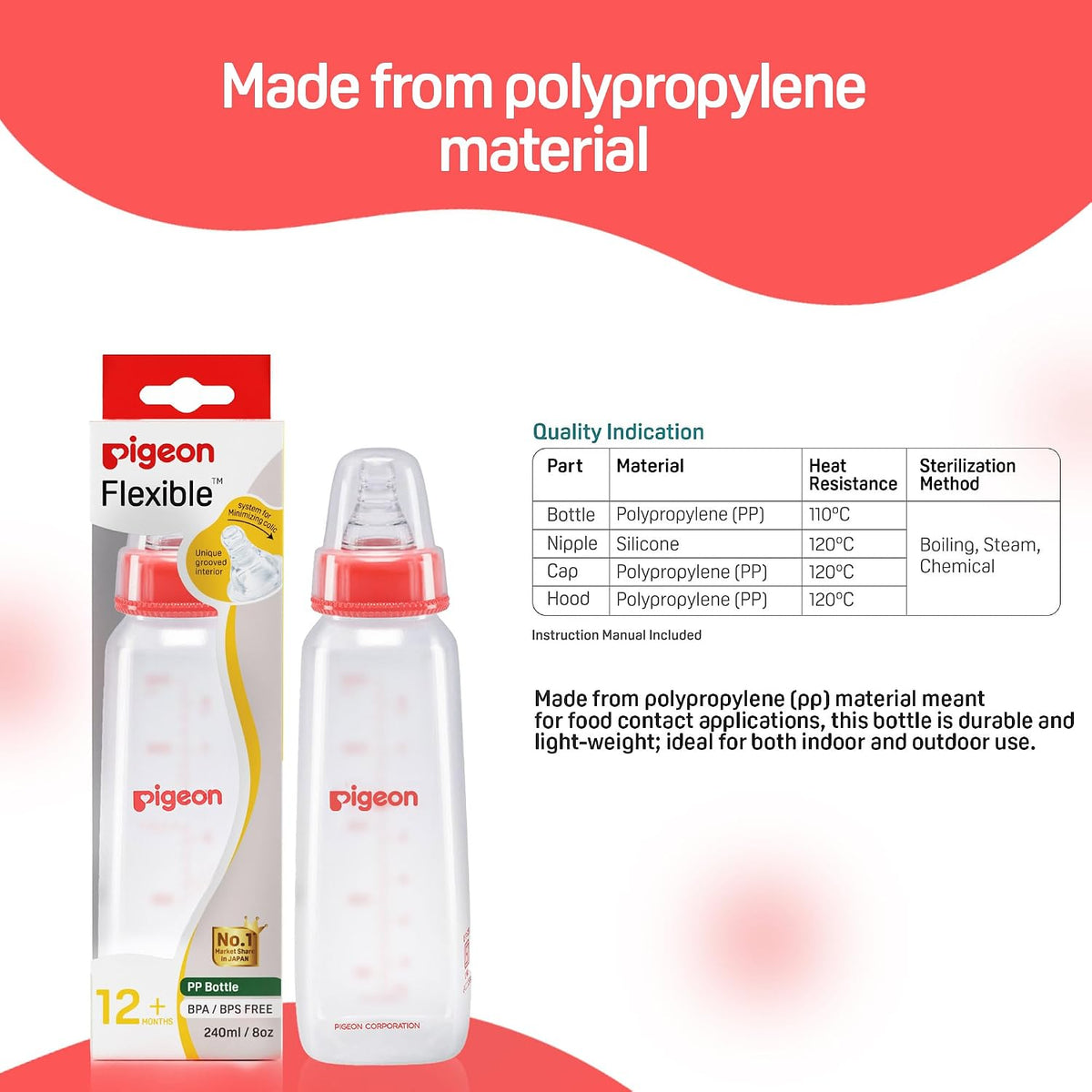 Pigeon Peristaltic Feeding Bottle 240ml Red with L Nipple | Natural Baby Feeding Bottle | BPA Free