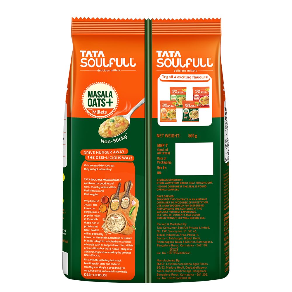 Tata Soulfull Masala Oats+ With Millets, Desi Veggie, 500g (Pack of 2)