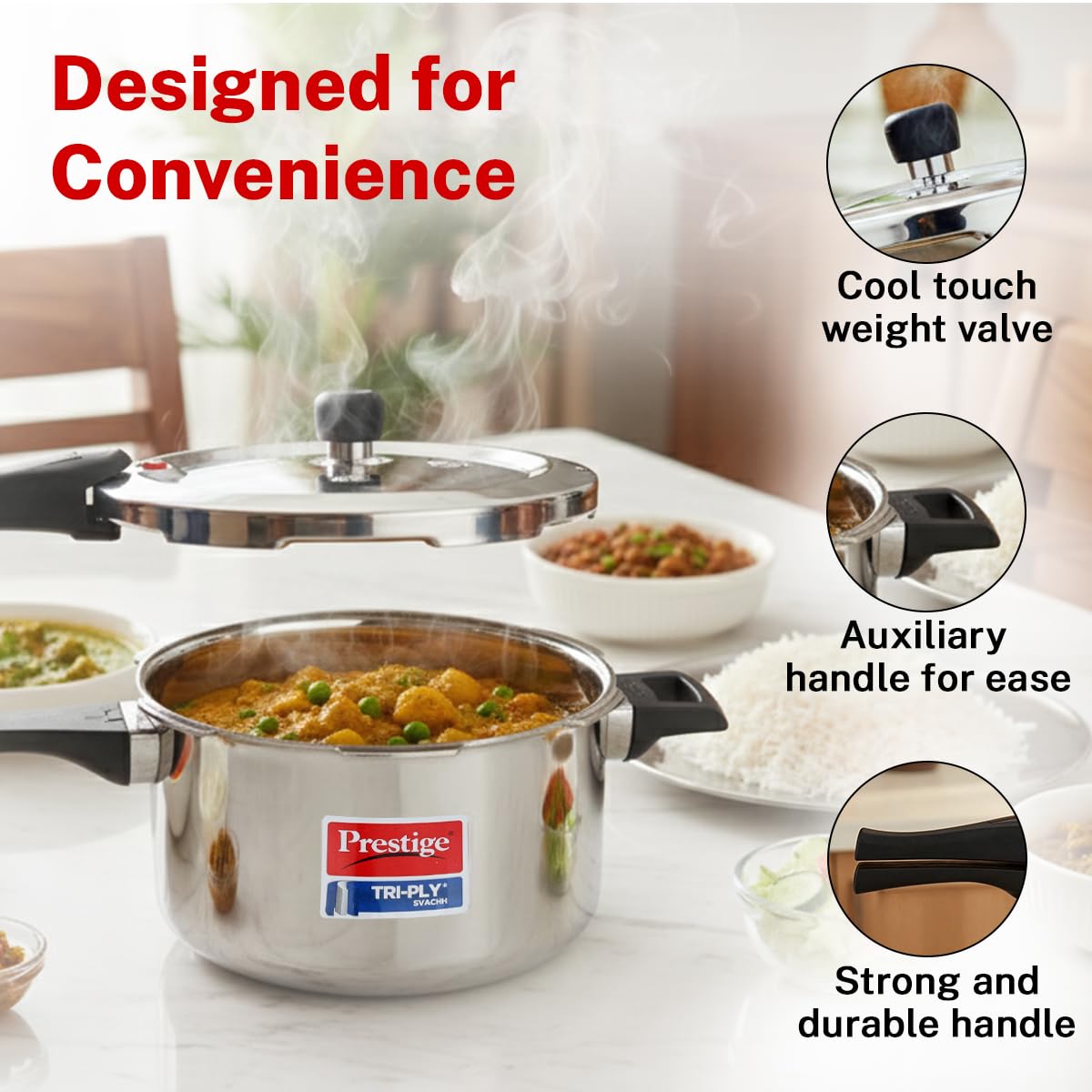 Prestige 5 Litre Triply Svachh Outerlid Pressure Cooker|Deep lid for spillage control|Gas & Induction Compatible|Triply body for even heating|Gasket Release System|5 Years warranty|ISI certified
