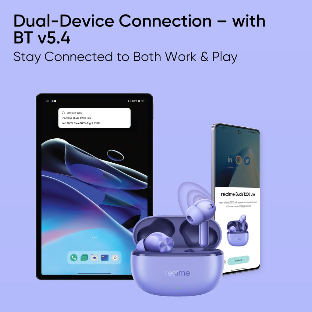 realme Buds T200 Lite Bluetooth in Ear Earbuds,4 Mic, AI ENC for Calls,48 Hours Total Playback with Fast Charging and Ultra Low Latency Gaming TWS,Google Fast Pair,with mic (Aurora Purple)