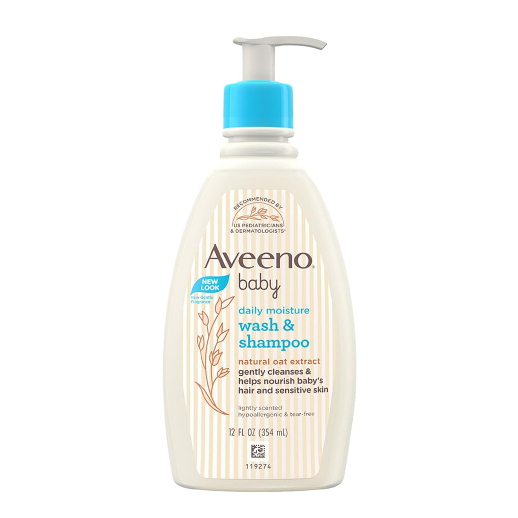 Aveeno Baby Daily Moisture Wash and Shampoo (354ml) | Cleanses hair & body | Oat kernel extract & glycerin | Tear-free, soap-free, paraben-free, hypoallergenic | US #1 Pediatrician recommended