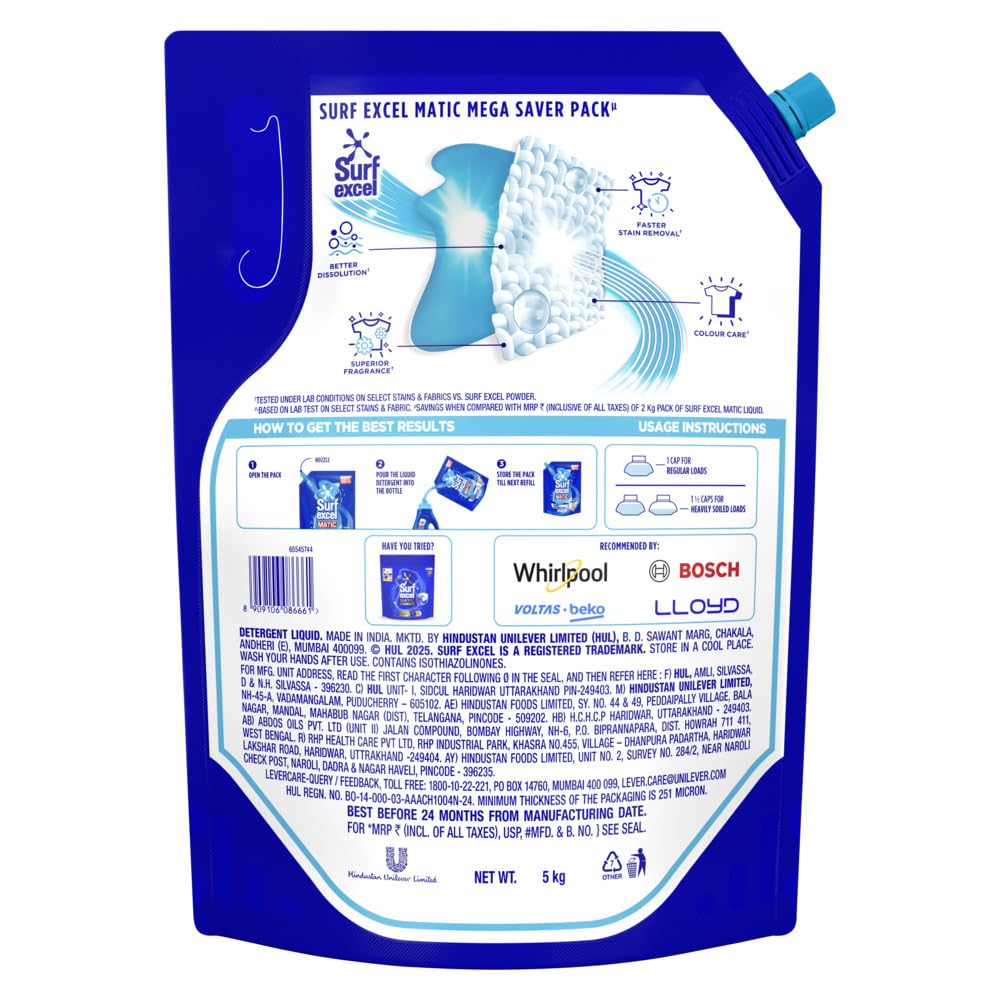 Surf Excel Matic Top Load Liquid Detergent 5Kg Refill Pouch