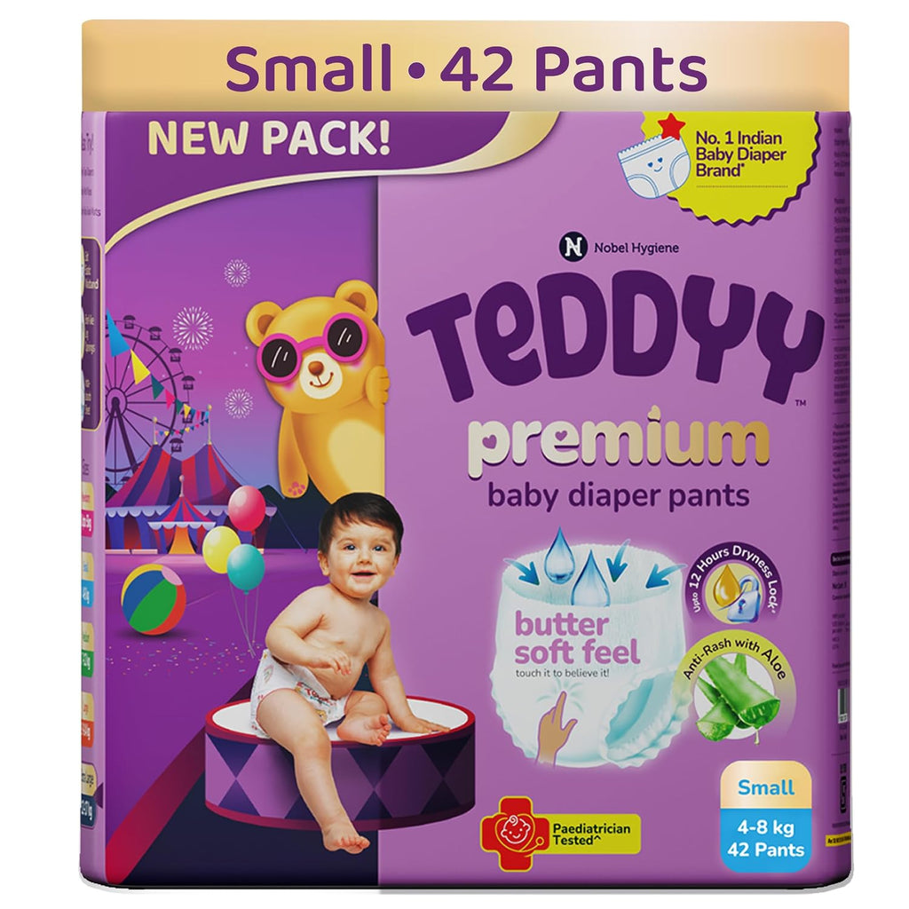 Teddyy Premium Baby Diapers S Size, Pant Style | Small (4-8 kg), 42 Pants | Butter Soft Feel | Anti-Rash with Aloe Vera &12 Hours Dryness Lock