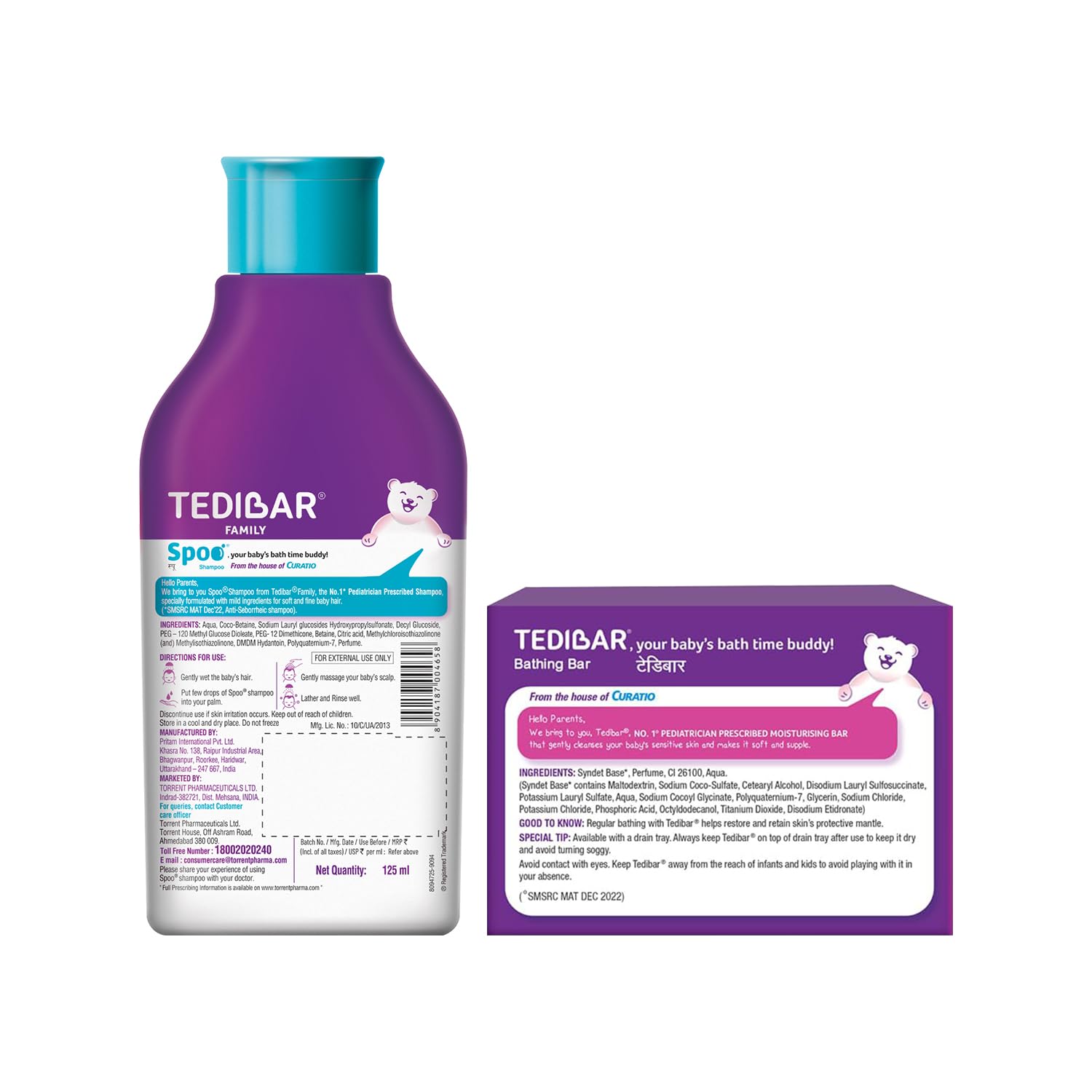 Spoo No-Tear Formula baby shampoo 125ml from Tedibar Family + Tedibar Moisturising Baby Bathing Bar 75g - By Torrent Pharma