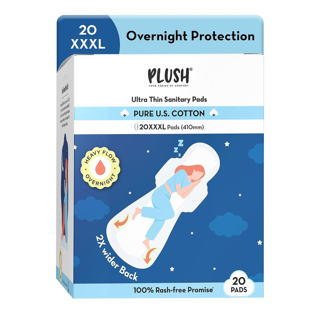 Plush Ultra-Thin 20 XXXL All Night Sanitary Pads For Women (410mm)| Super Absorbent, Heavy Flow & Rash Free | Pure U.S. Cotton Sanitary Napkins With Free Disposable Pouch | Toxin & Fragrance-free