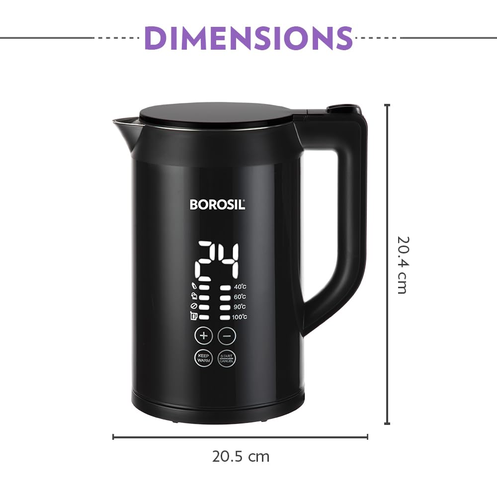 Borosil Cooltouch 1.5L 1350W Digital Electric Kettle | Temprature Display, Double Wall, Keep Warm Function with Wide Mouth | Can make Tea, Noodles, Soup, Boiled Eggs, Vegetable etc. | 2 years Warranty