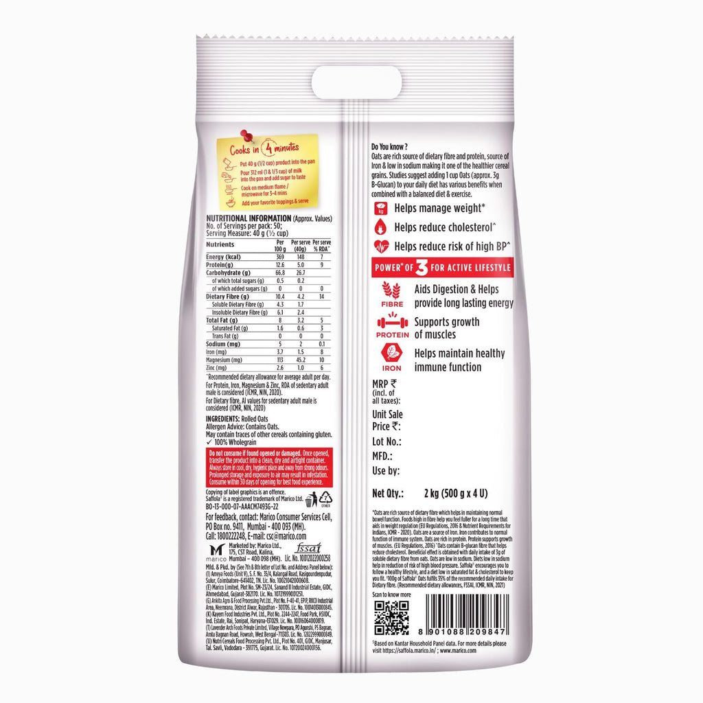 Saffola Oats | 2kg | Instant Rolled |Soft & Creamy |Power of Protein, Iron & Fibre | Nutritious grain (Pack of 2)
