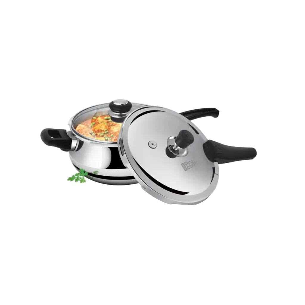 Milton Pro Cook Induction Cookware & Gas Stove Friendly Triply Stainless Steel Curve Pressure Cooker 1.5 Litre With Dual Lid | Outer Lid & Glass Lid | Gasket Release System | 5 Year Warranty | Silver