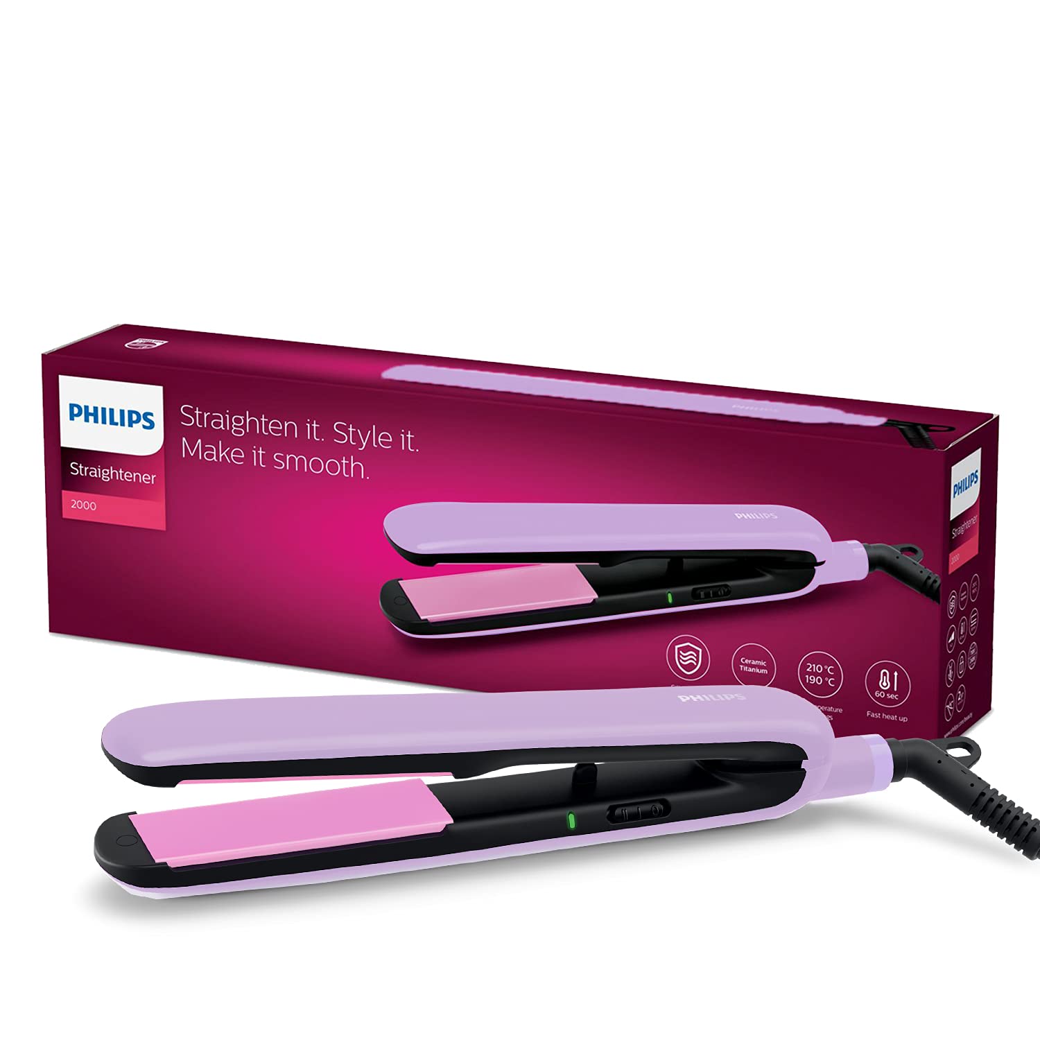 Philips Bhs393/40 Straightener With Silkprotect Technology. Straighten, Curl, Suitable For All Hair Types, Lavender & Hp8100/60 Hair Dryer (Blue) - 1000 Watts