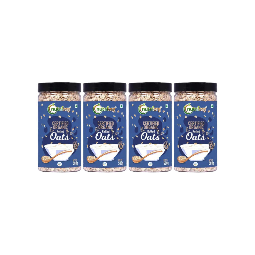 Nutriorg 100% Organic Rolled Oats 2000gm | Pack of 4 | Gluten Free | High protein | Weight loss | Fibre Rich | Easy to Cook | Overnight Oats | Nutritional Breakfast Cereal Oats | Air Tight Plastic Jars