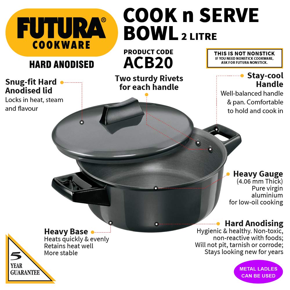 Hawkins Futura 2 Litre Cook n Serve Bowl, Hard Anodised Saucepan with Hard Anodised Lid, Sauce Pan for Cooking and Serving, Black (ACB20), Aluminium