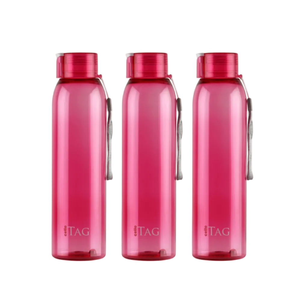 CELLO My Tag PET Water Bottle | 100% food grade | Leak proof and Break proof | Set of 3-1000ml | Pink