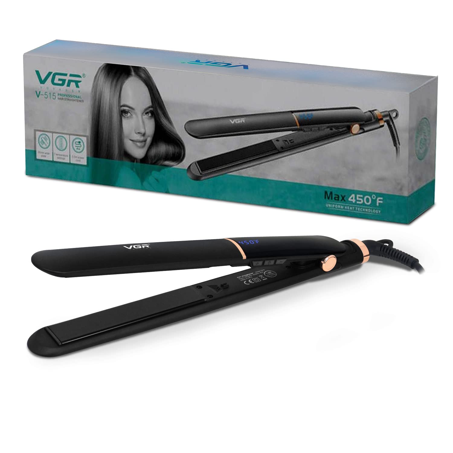 VGR V-515 Professional Hair Straightener with 7 Temperature settings & Uniform Heat Technology (Black)