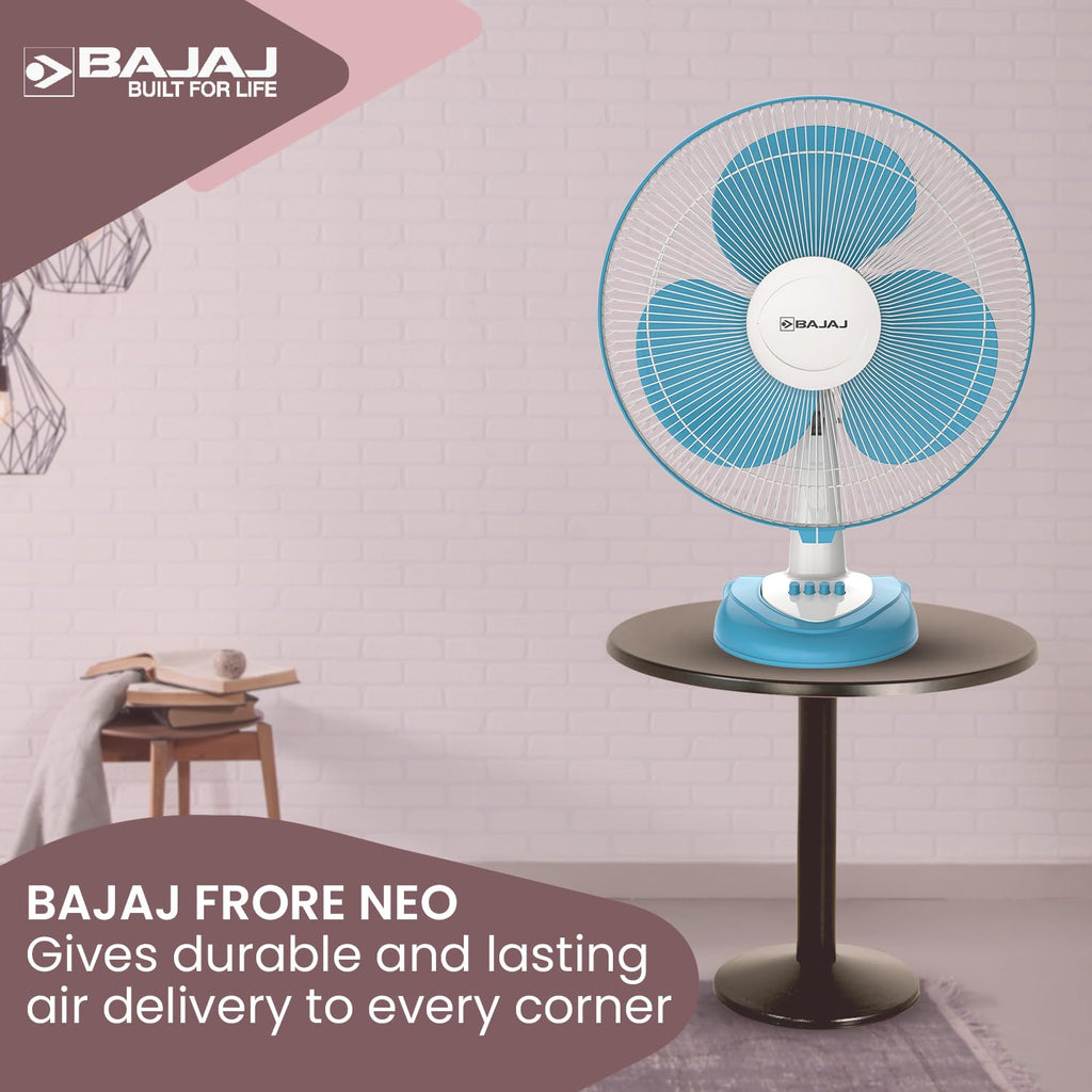 Bajaj Frore Neo Table Fan 400 MM | Table fans for Home & Office |Aerodynamically Balanced Blades| 100% CopperMotor| HighAir Delivery|3-Speed Control| 2-Yr Warranty 【Blue】