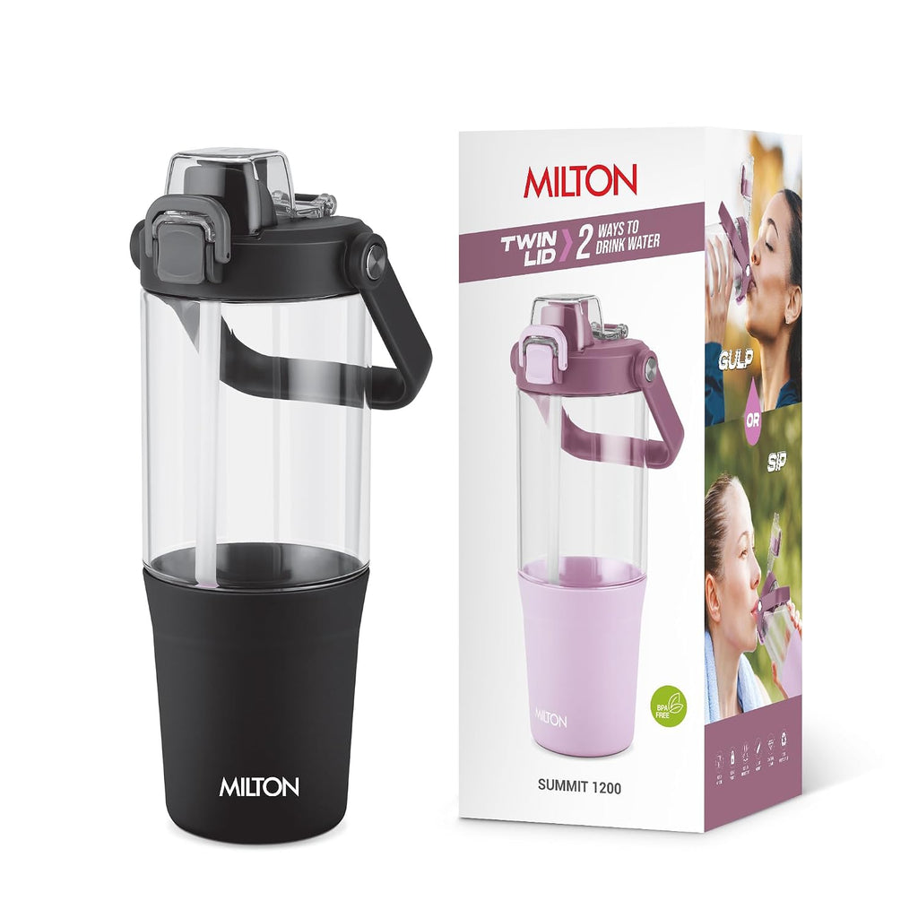 MILTON Summit 1200 2-in-1 Sip or Gulp Lid Tumbler 1200 ml | Plastic Water Bottle with Sturdy Handle & Straw | Leak-Proof, BPA-Free | Perfect for Office, Gym, Travel Tumbler for Men and Women, Black